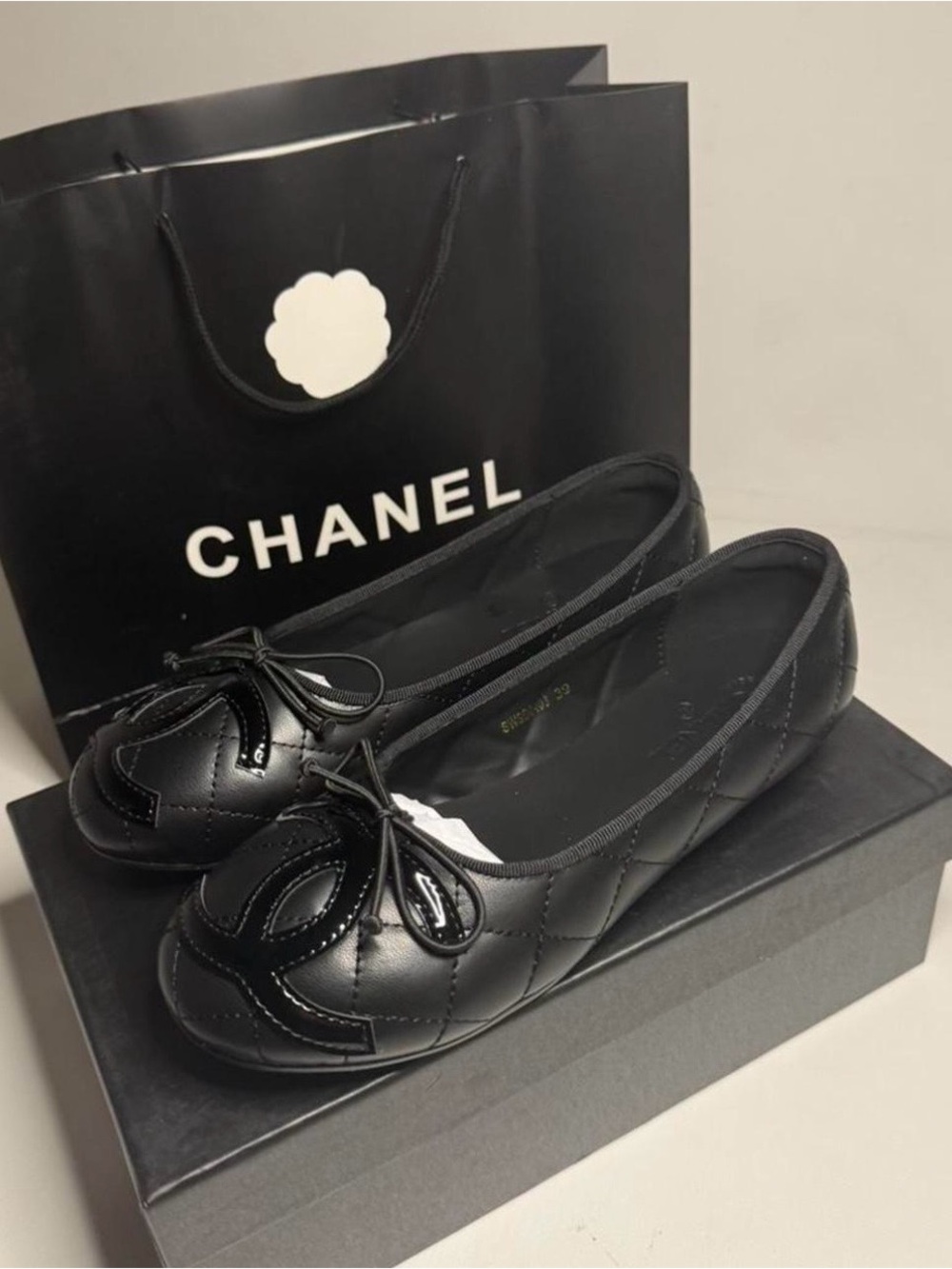 ***SOLD ***CHANEL Black Quilted Leather CC Logo Ballet Flats with Bow Trim